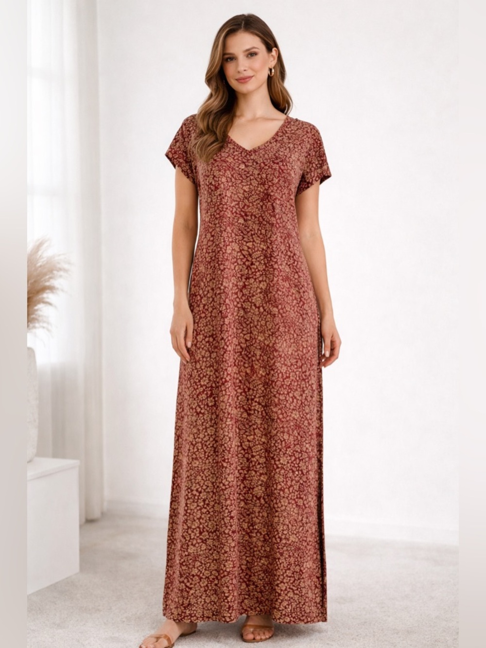 NEW PERUVIAN CONNECTION Red Floral print Ankle Length Pima Cotton Maxi Dress M